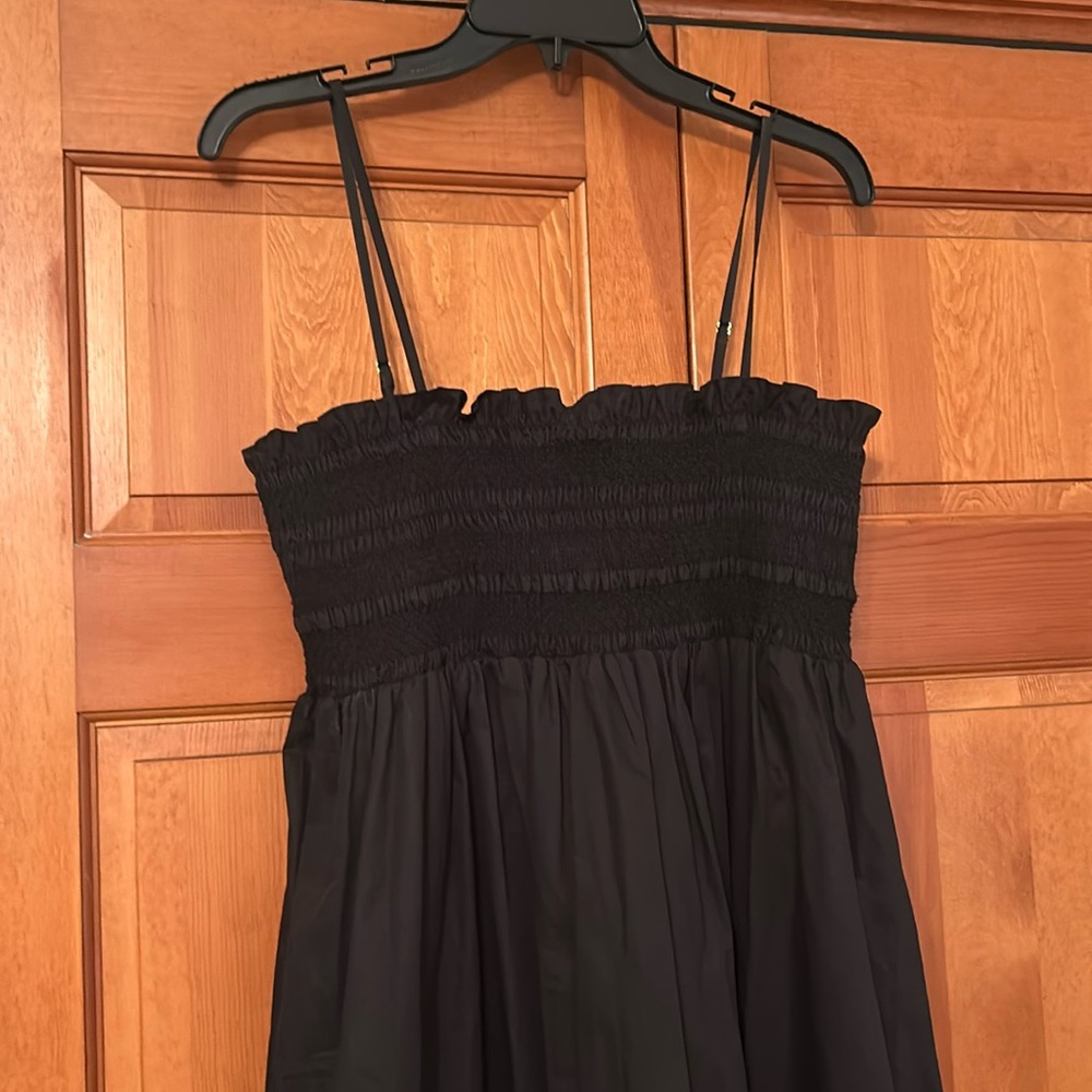Tory Burch black cotton poplin, smocked top midi dress